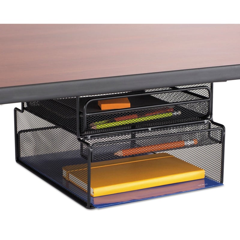 Safco 3244BL Onyx Mesh Deluxe Under Desk Hanging File & Paper Organizer, Black, Steel Construction, 2 Compartments, Tabletop or Desktop. Perfect for Home, Office & Classrooms, Black - Image 1